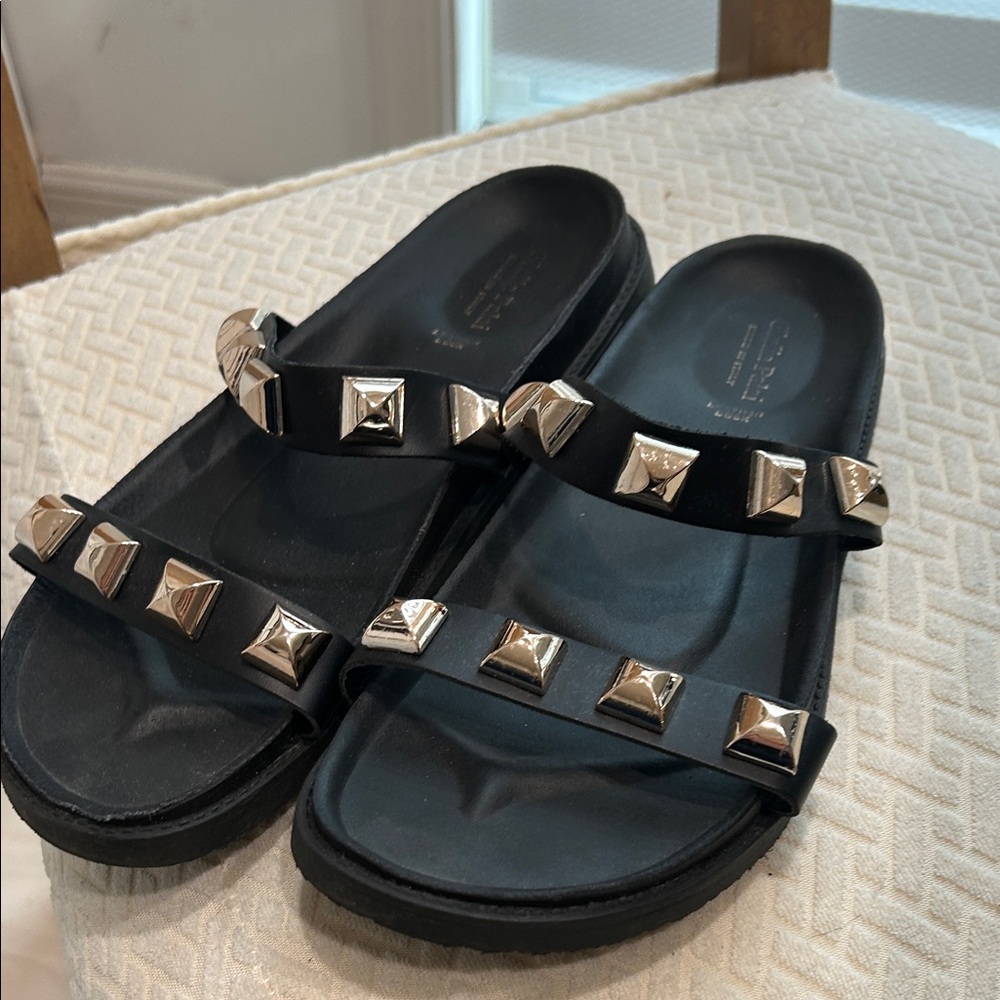 Black Studded Double Strap Slide Sandals